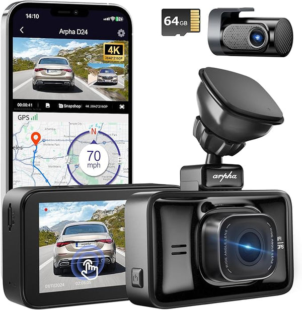 Arpha D24 4K Dash Cam Front and Rear 4K/1080P Voice Control Parking Mode