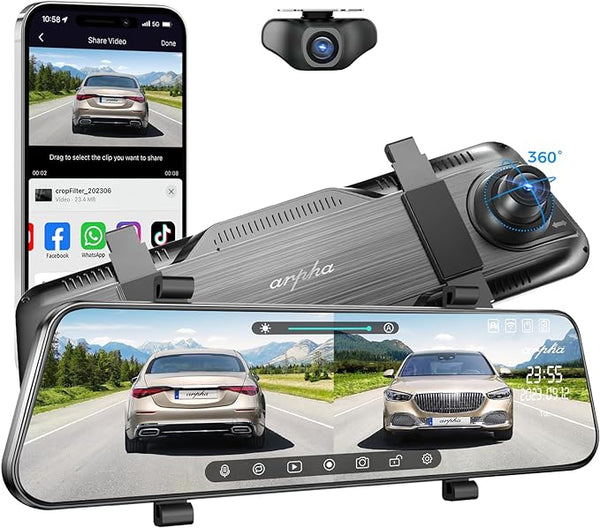 Arpha E21 Mirror Dash Cam  Rear View Mirror Full Touch Screen Front 1080P and Rear 720P