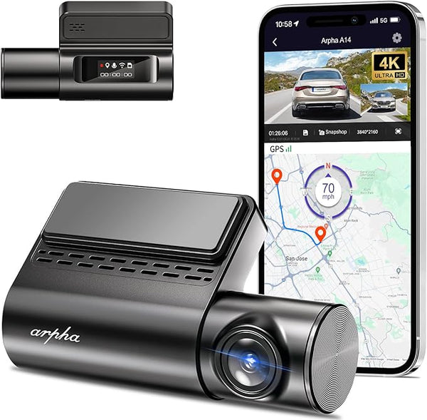 Arpha A14 WiFi 4K Dash Cam Front 3840x2160P UHD, Voice Control Dashcam