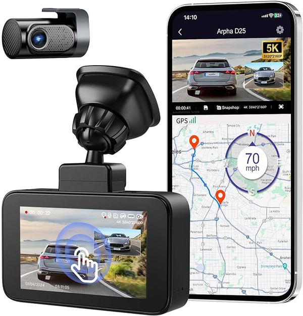 Arpha D25 5K Dash Cam Front and Rear Voice APP Control Dual Dash Camera 4K+1080P