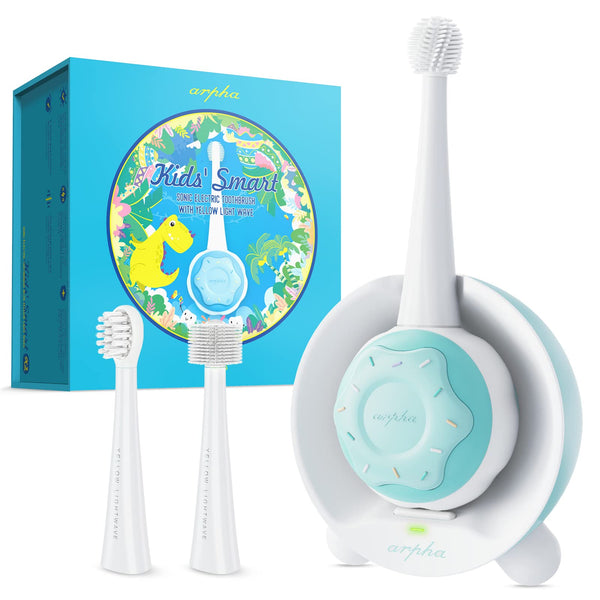 ARPHA Kids Electric Toothbrushes Age 1-8, Rechargeable Toddler Timer Toothbrush with 3 Kid-Sized Brush Heads, Yellow Light Technology, Blue Dinosaur Package